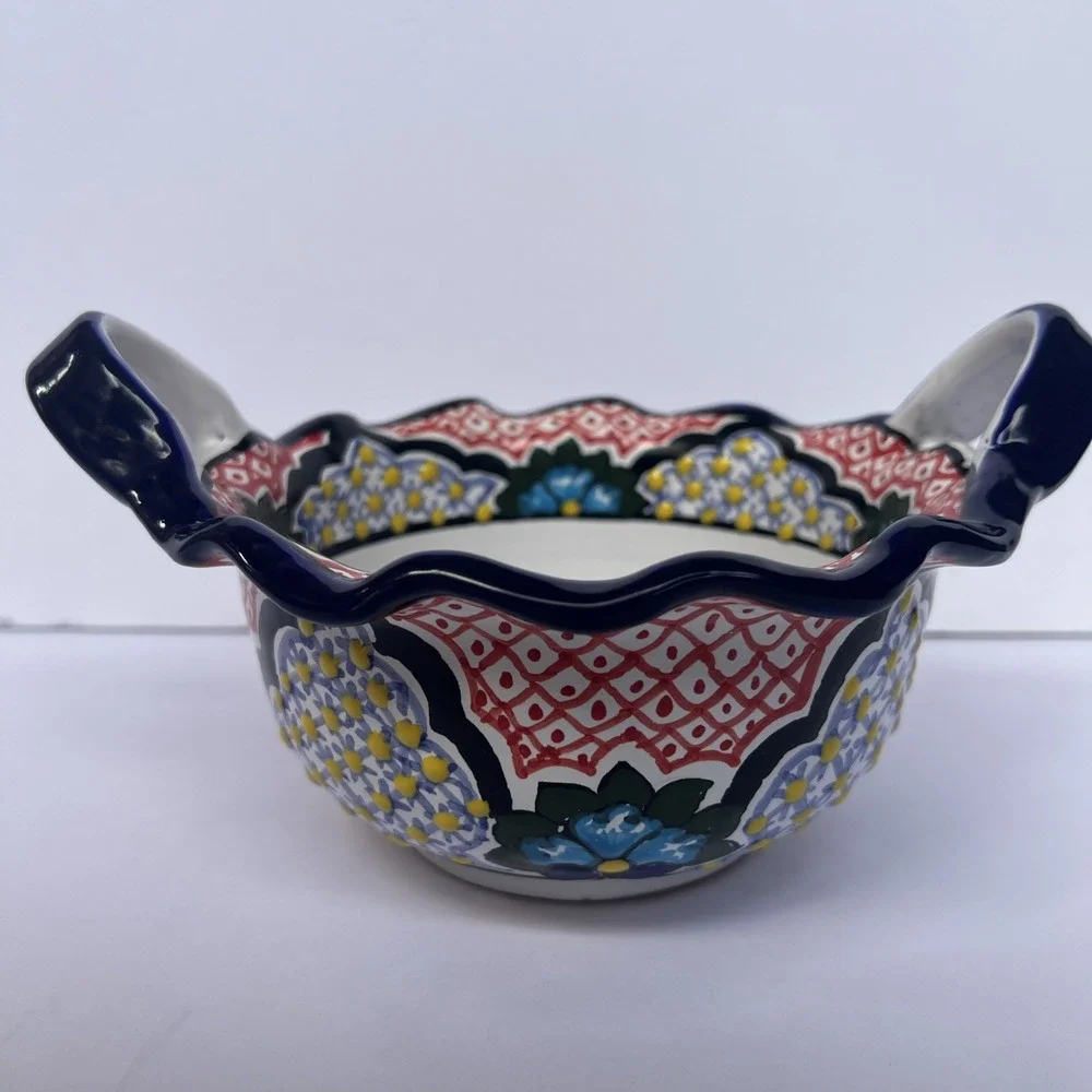 Mexican Talavera Hand Painted Bowl w/ Handles Lead Free Puebla 7